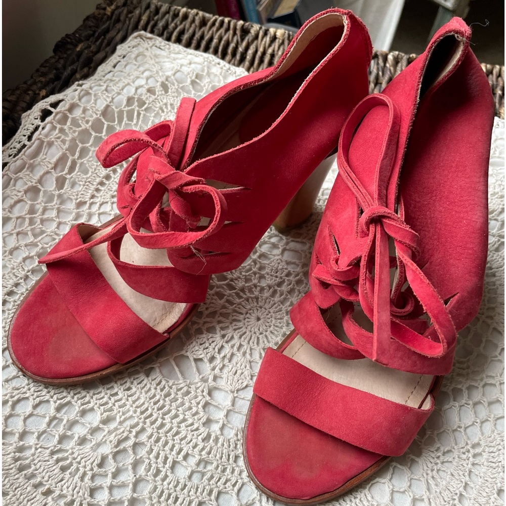 Frye lace-up sandals. Red nubuck.